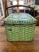 Vintage Green Faux Wicker Litho Tin Picnic Basket with Wooden Handles