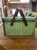 Vintage Green Faux Wicker Litho Tin Picnic Basket with Wooden Handles