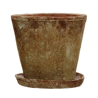 Cement Planter w/ Saucer - Distressed Terra-cotta Finish (Holds 8" Pot)