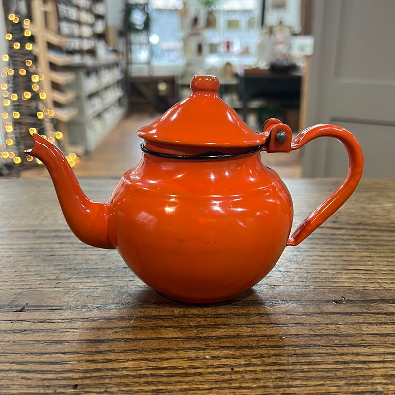 Vintage Orange Enamelware Round Tea Pot