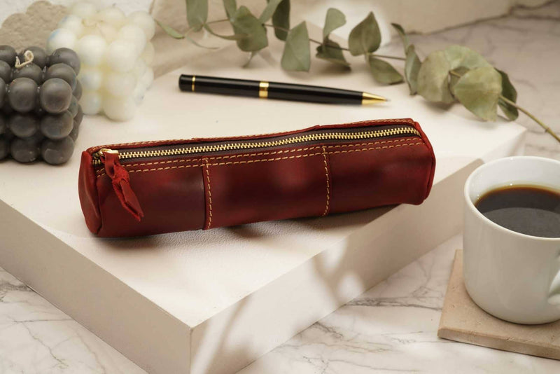 Leather Pencil Case, Make-up Brush Holder, Pen Holder: Brown