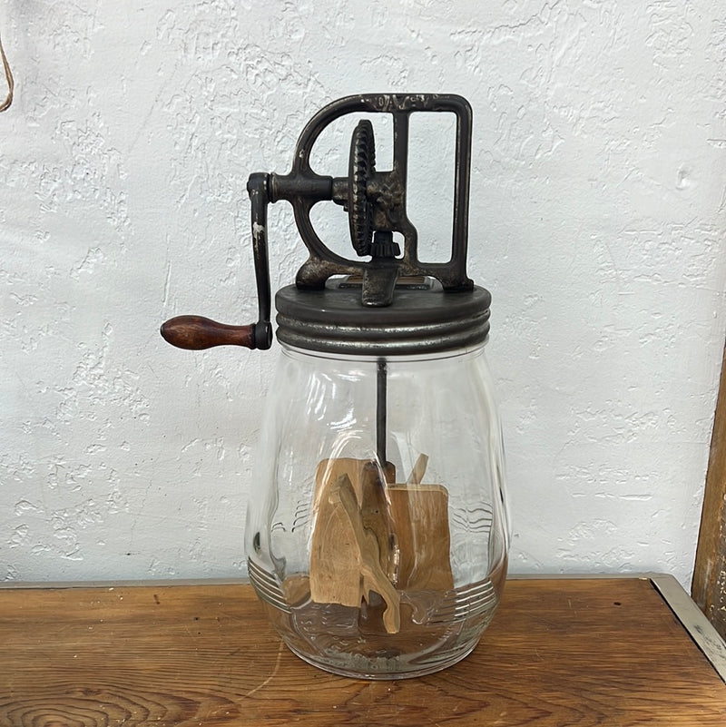 Antique Dazey No. 4 Glass Butter Churn with Wooden Paddles