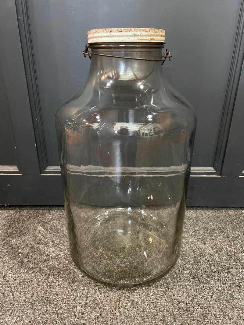 Vintage 18” Tall Clear Glass Wide Mouth Jug With Wooden Handle