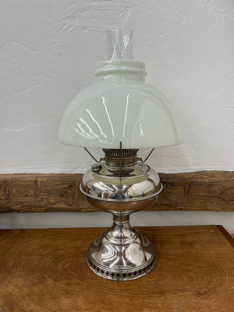 Antique Nickel Plated Rayo Kerosene Lamp with Milk Glass Shade