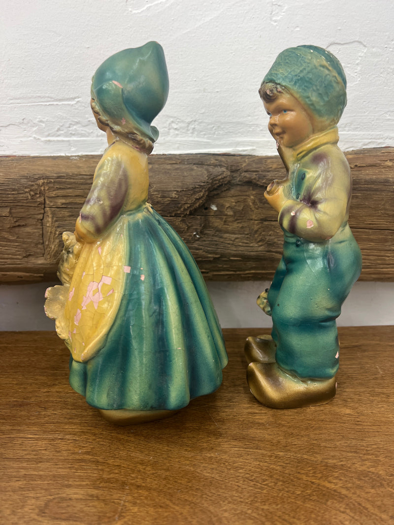 Vintage Chalkware Dutch Girl With Goose + Dutch Boy with Pipe + Dog Figurines - Set of Two