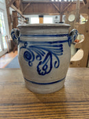 Vintage Salt Glazed European Stoneware Grey and Cobalt Blue Floral Design Crock