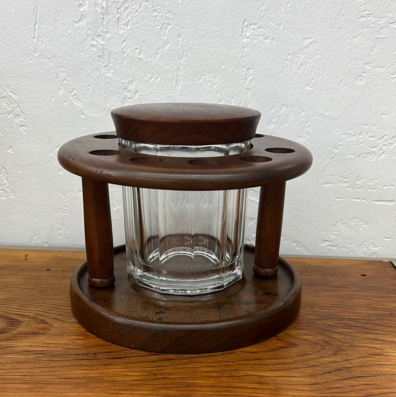 Vintage 10 Pipe Rack with Clear Glass Humidor Tobacco Jar