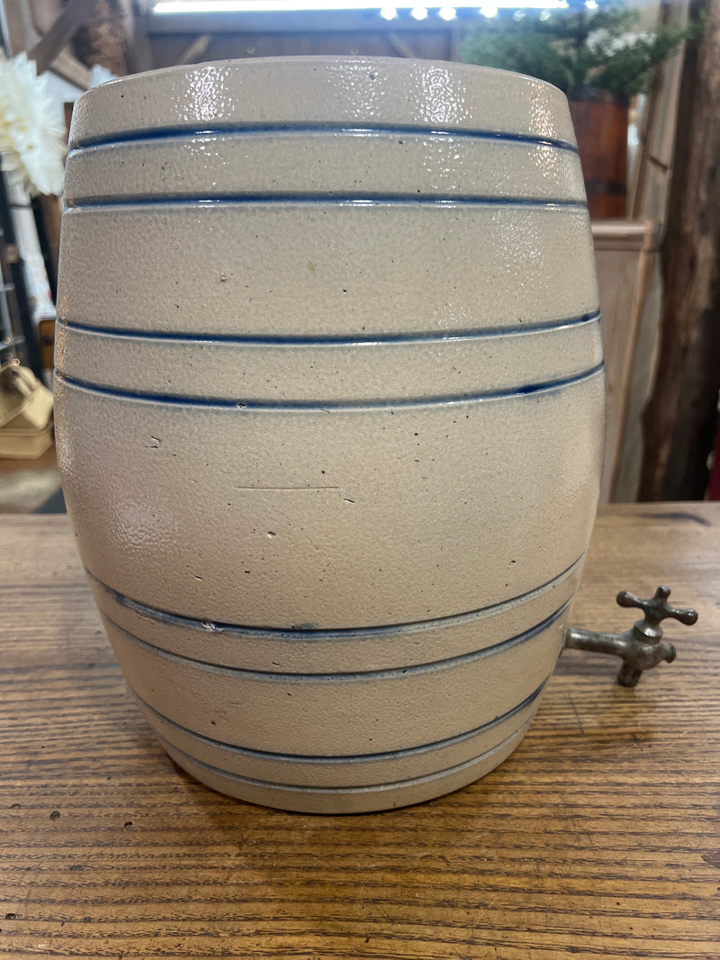 Antique 4 Gallon Stoneware Eight Blue Striped Crock with Spigot
