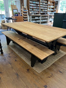 Vintage Waxed Pumpkin Pine Sawbuck Table with Benches