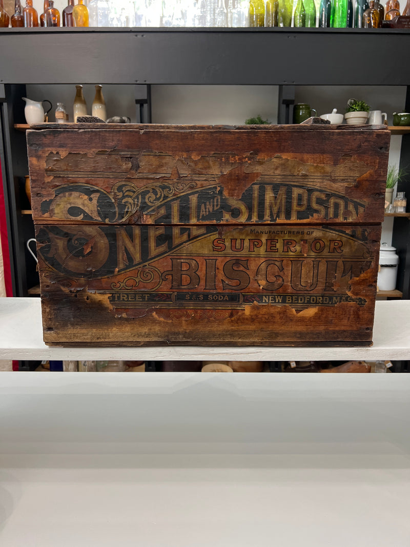Antique Snell and Simpson Biscuit Company Leather Hinged Lid Display Wooden Box