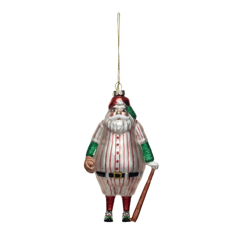 Glass Santa in Baseball Outfit Ornament w/ Bat & Glitter