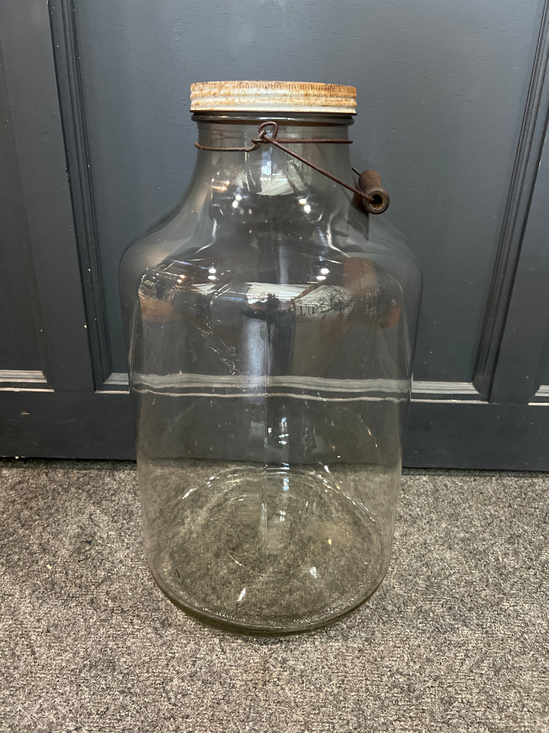 Vintage 18” Tall Clear Glass Wide Mouth Jug With Wooden Handle