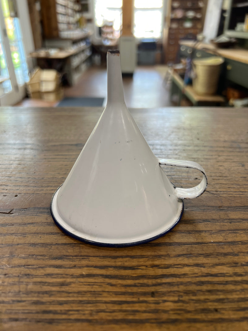 Vintage White Enamelware with Blue Trim Funnel