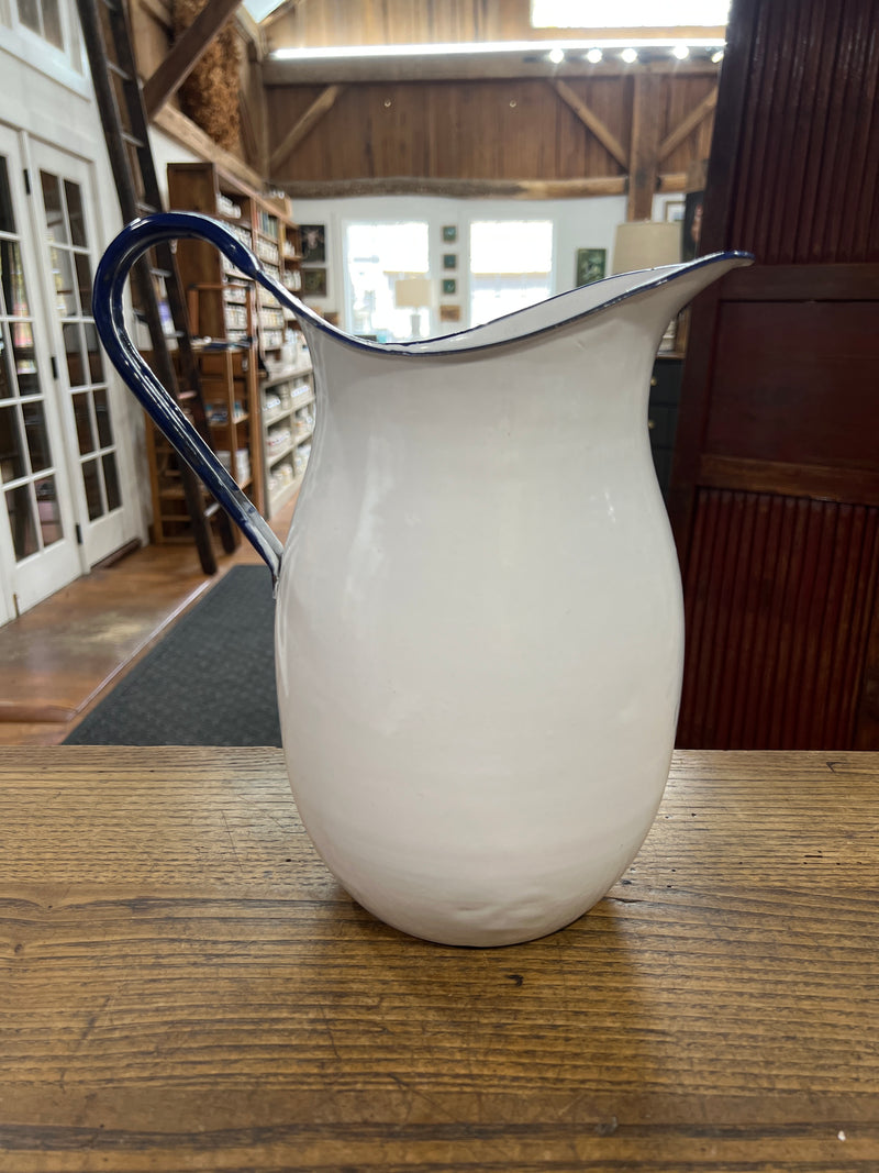 Vintage White Enamelware 11” Pitcher