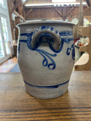 Vintage Salt Glazed European Stoneware Grey and Cobalt Blue Floral Design Crock