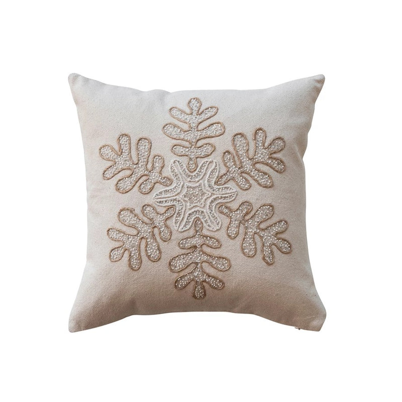 Cotton Canvas Pillow w/ Embroidered Snowflake & Beads