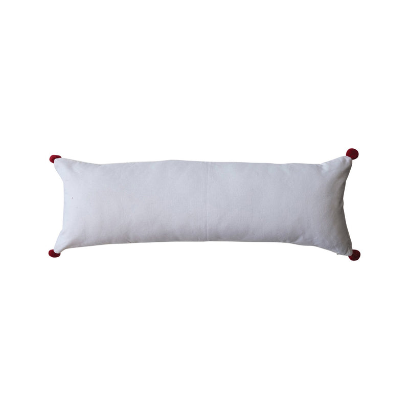 Cotton Lumbar Pillow w/ Appliqued "Merry" & Pom Poms, Red & White