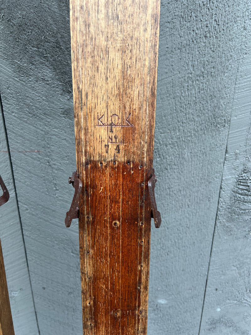 Vintage Wooden 91" Long Skis with Pointed Top Tips