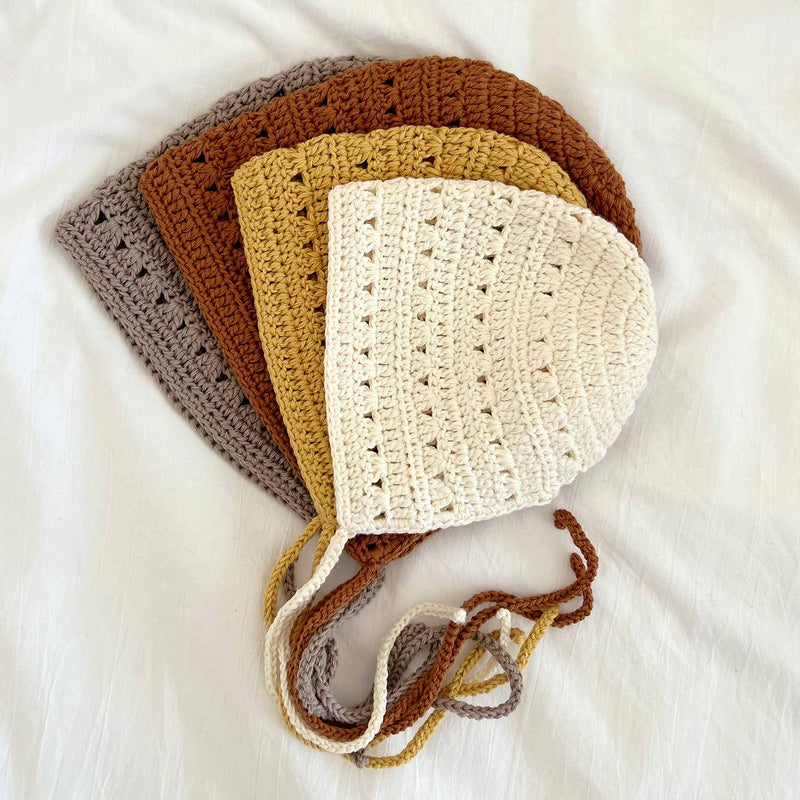 Crocheted Baby Toddler Bonnet Hat - Cream: S - 3 - 6m