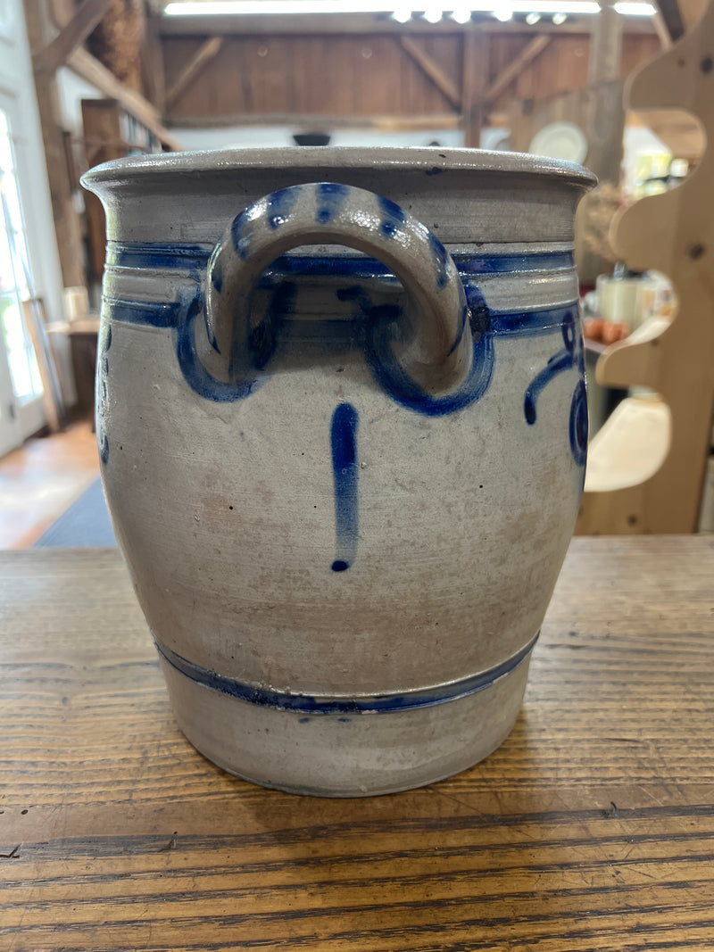 Vintage Salt Glazed European Stoneware Grey and Cobalt Blue Floral Design Crock