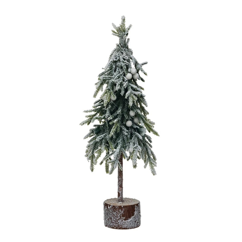 Faux Fir Tree w/ Wood Base, Snow Finish, Green (17.75")