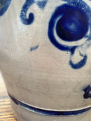 Vintage Salt Glazed European Stoneware Grey and Cobalt Blue Floral Design Crock