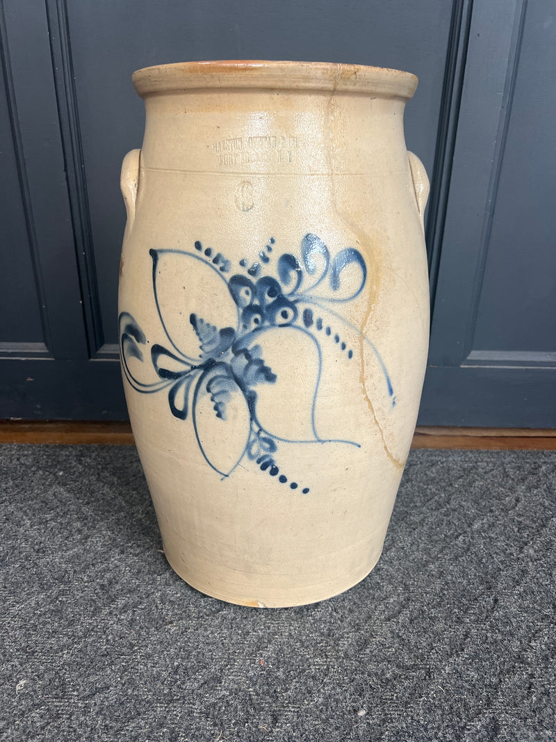 Antique Haxstun Ottman + Co. Fort Edward, NY 6 Gallon Stoneware Crock with Cobalt Floral Decoration