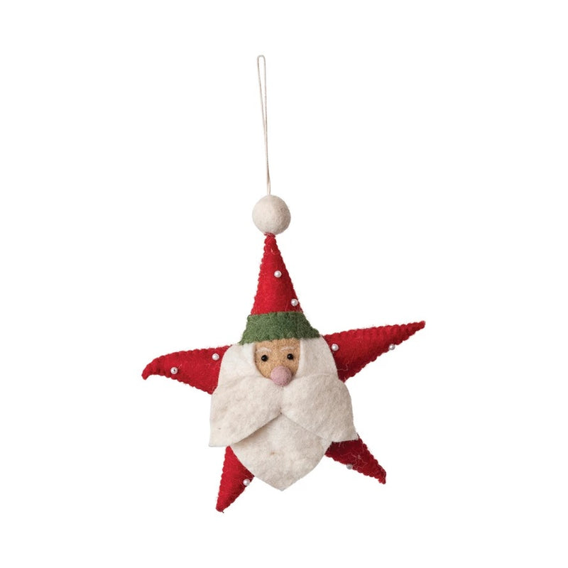 Handmade Wool Felt Santa Head Star Ornament w/ Applique & Pom Pom