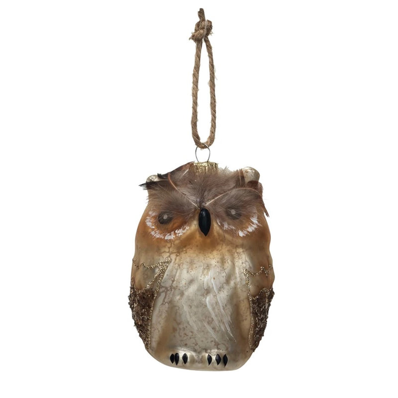 Glass Owl Ornament w/ Feathers