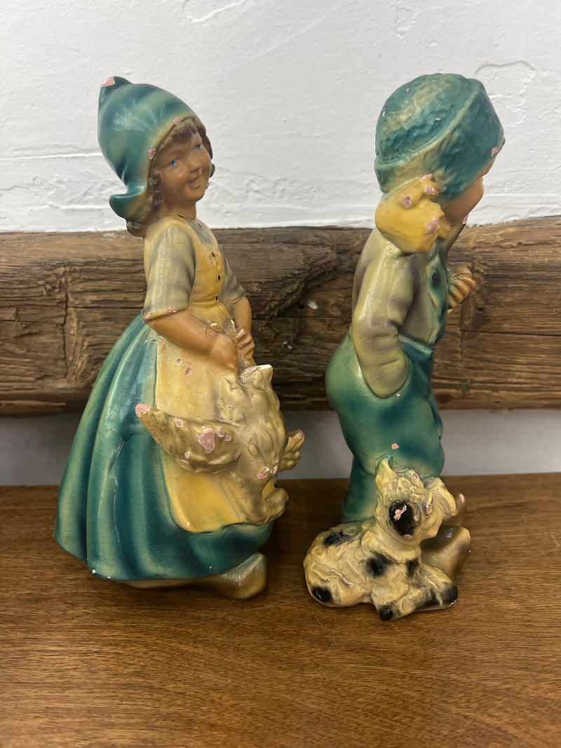 Vintage Chalkware Dutch Girl With Goose + Dutch Boy with Pipe + Dog Figurines - Set of Two