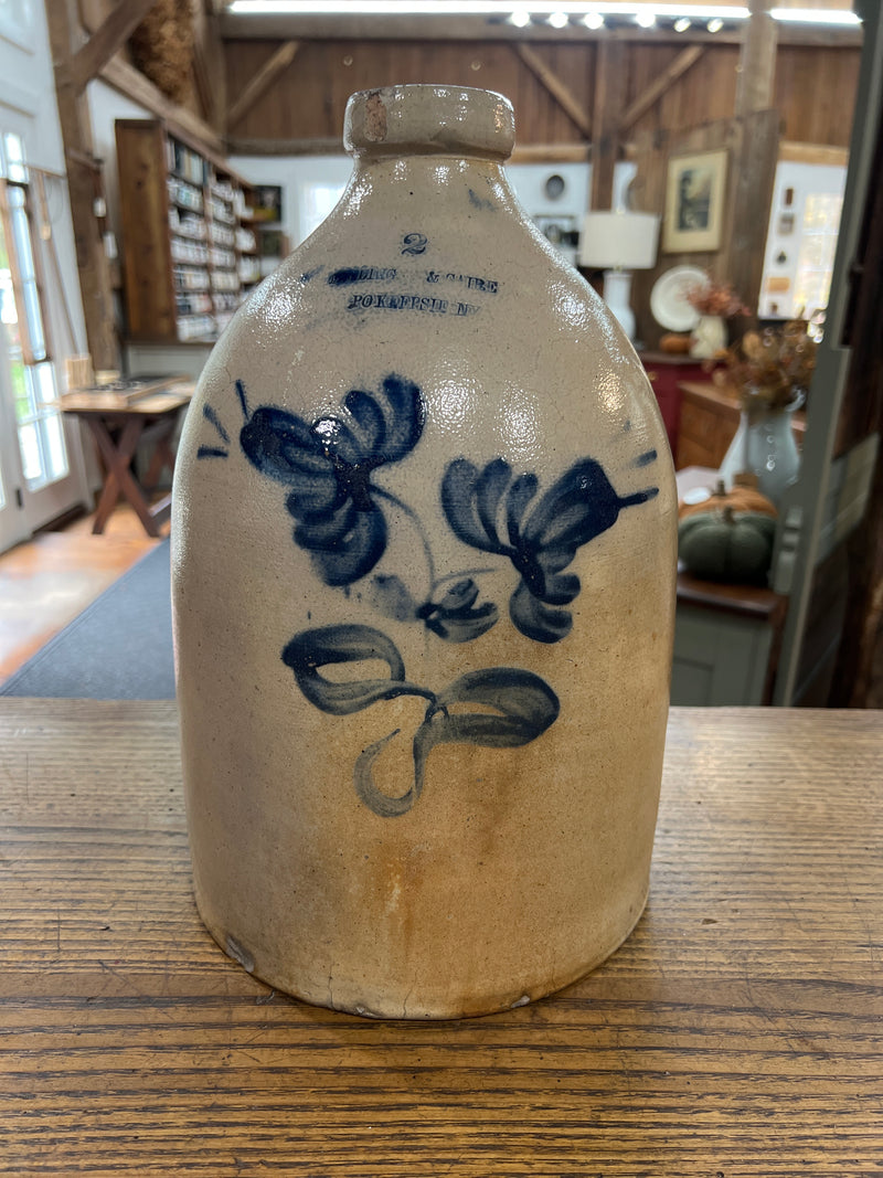 Antique Salt Glazed Two Gallon Stoneware Cobalt Blue Floral Design Jug