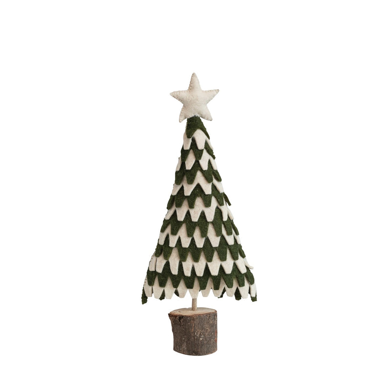 Handmade Wool Felt Tree w/ Star & Wood Slice Base, Green & Cream Color