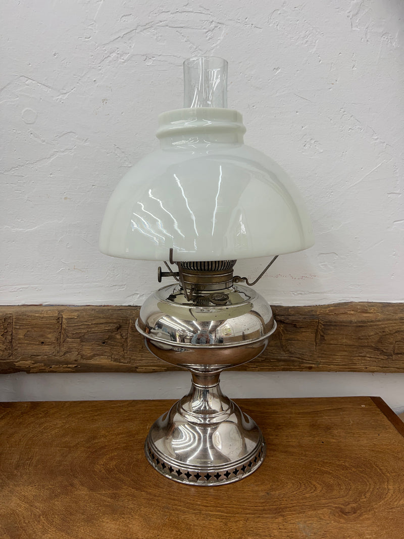 Antique Nickel Plated Rayo Kerosene Lamp with Milk Glass Shade