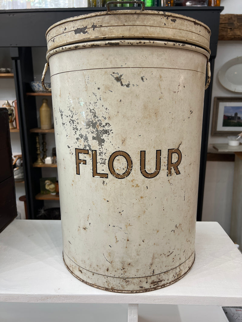 Vintage White Flour 19" Round Canister Tin with Hinged Lid