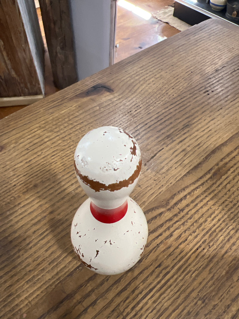 Vintage Wooden Bowling Pin with Red Stripe