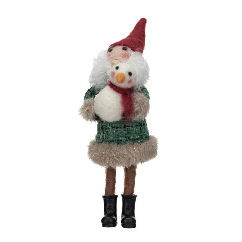 Wool Felt Santa in Plaid Winter Coat w/ Snowman