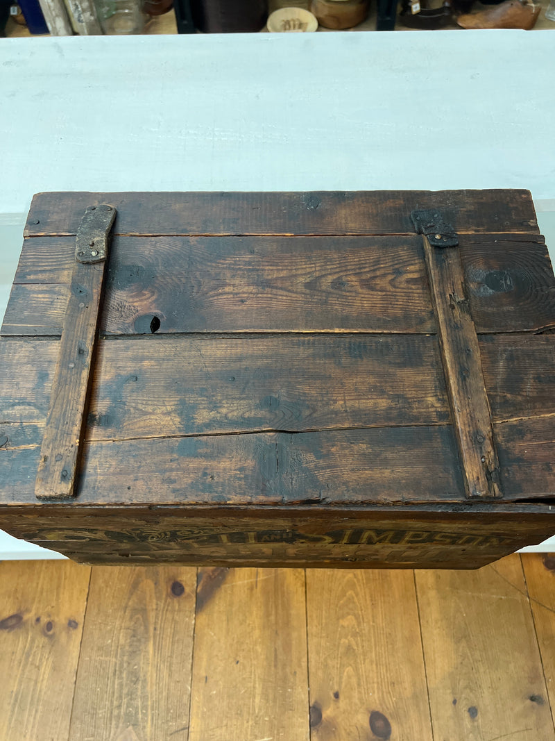 Antique Snell and Simpson Biscuit Company Leather Hinged Lid Display Wooden Box