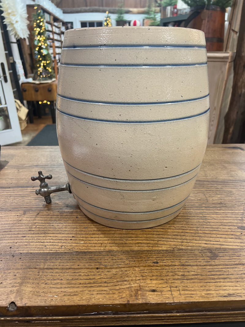 Antique 4 Gallon Stoneware Eight Blue Striped Crock with Spigot