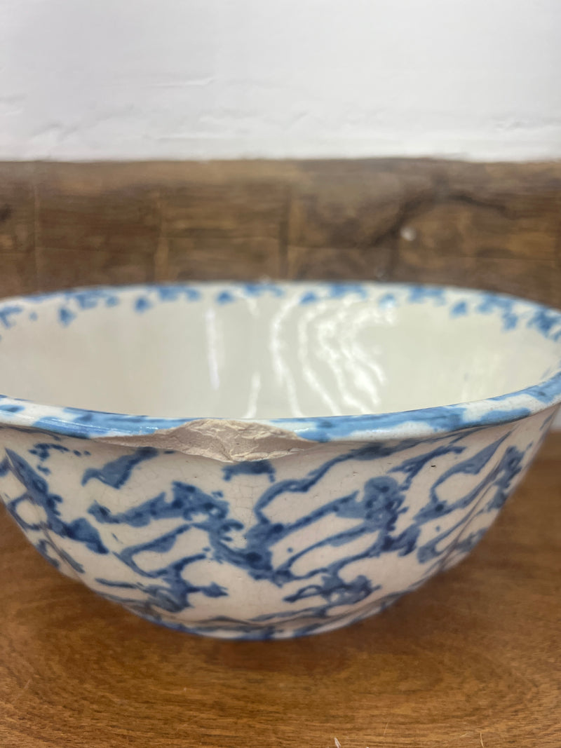 Antique 9” Blue + White Fluted Shaped Spongeware Bowl