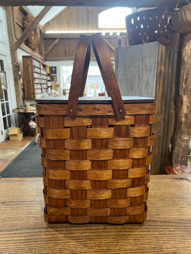 Vintage Tall Woven Split Wood Picnic Basket with Double Handles
