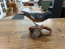 Vintage Peter Peltz Hand Carved + Painted Wood Towhee Bird Figurine on Driftwood Stand