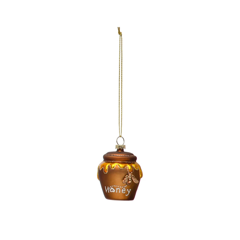 Hand-Painted Glass Honey Pot Ornament w/ Bee & Glitter, Bronze & Gold Finish