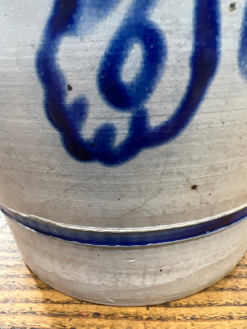 Vintage Salt Glazed European Stoneware Grey and Cobalt Blue Floral Design Crock