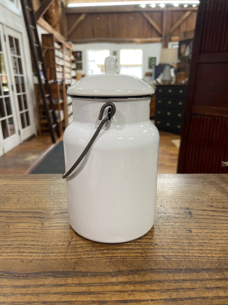 Vintage White Enamel Milk Pail with Lid