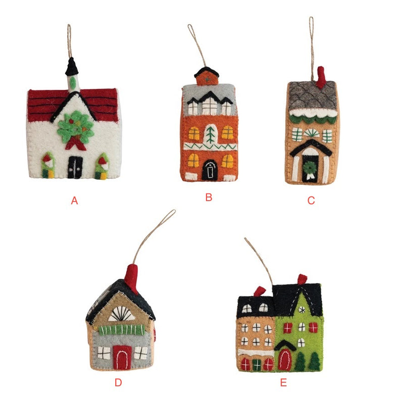 Handmade Wool Felt House Ornament w/ Embroidery & Applique, Multi Color, 5 Styles