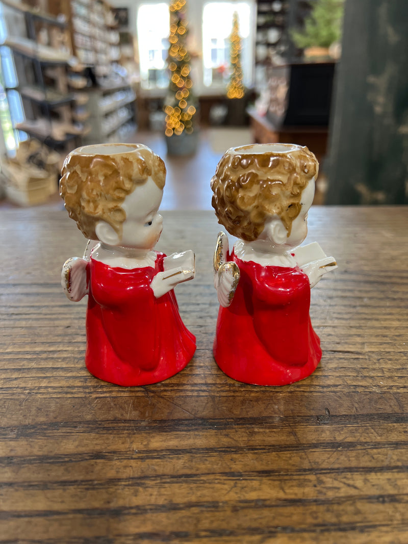 Vintage Set of Two Christmas Angles with Choir Book Candle Holders