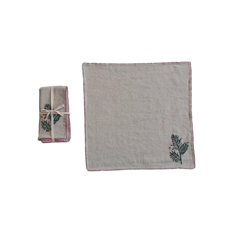 Cotton & Linen Napkins w/ Hand-Embroidered Holly & French Knots, Set of 4