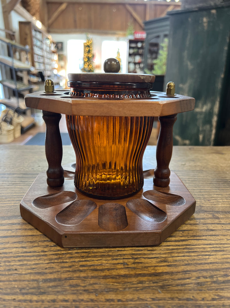 Vintage 10 Pipe Rack with Amber Glass Humidor Tobacco Jar