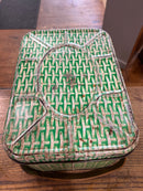 Vintage Green Faux Wicker Litho Tin Picnic Basket with Wooden Handles