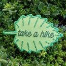 Iron-on patch | take a hike leaf - green 1.75" x 2.75": Patch attached to backer card